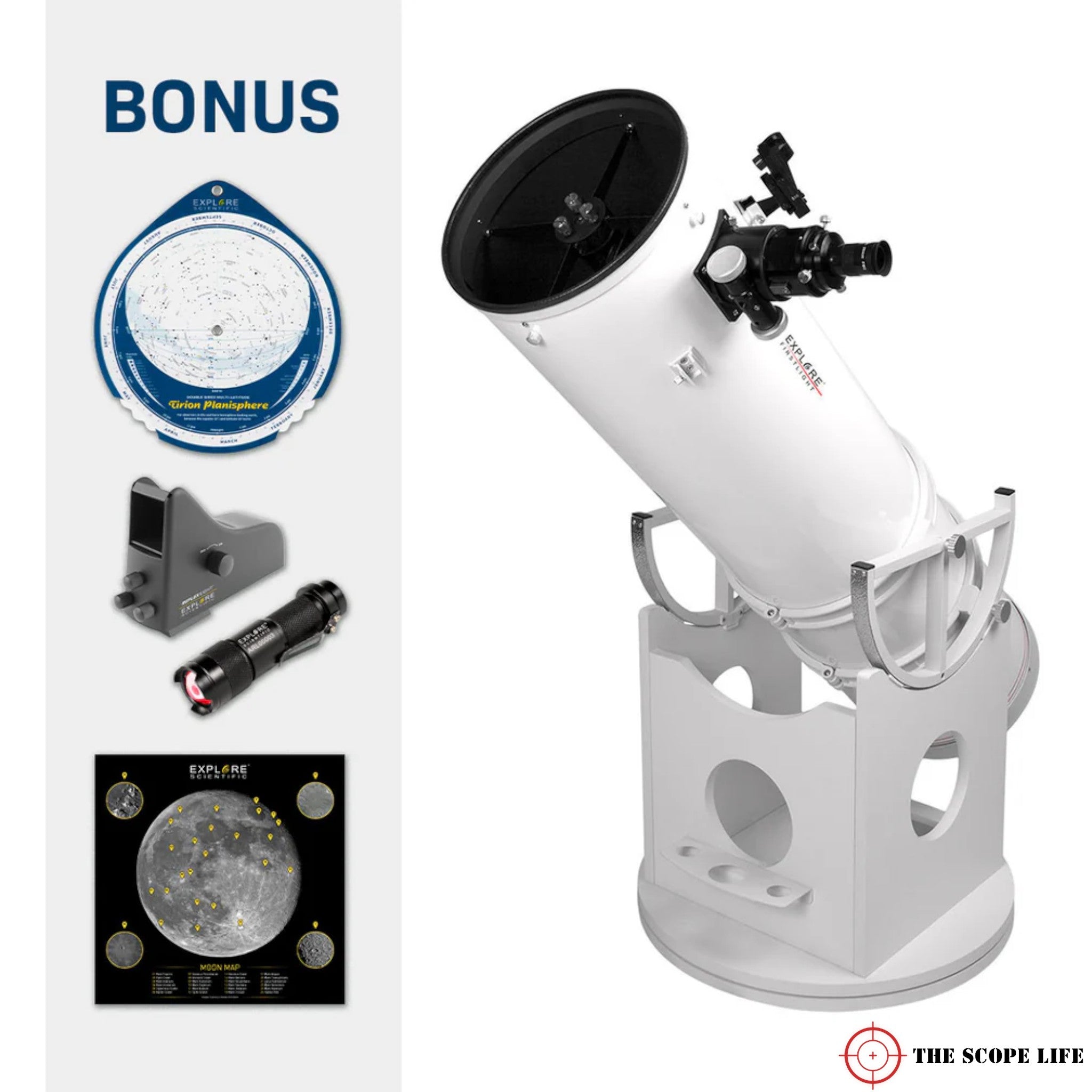 Explore Scientific FirstLight 8" Dobsonian Telescope Package Includes ReflexSight, Astro R-Lite Red Flashlight, Tirion Double-Sided Multi-Latitude Planisphere and Moon Crater Map